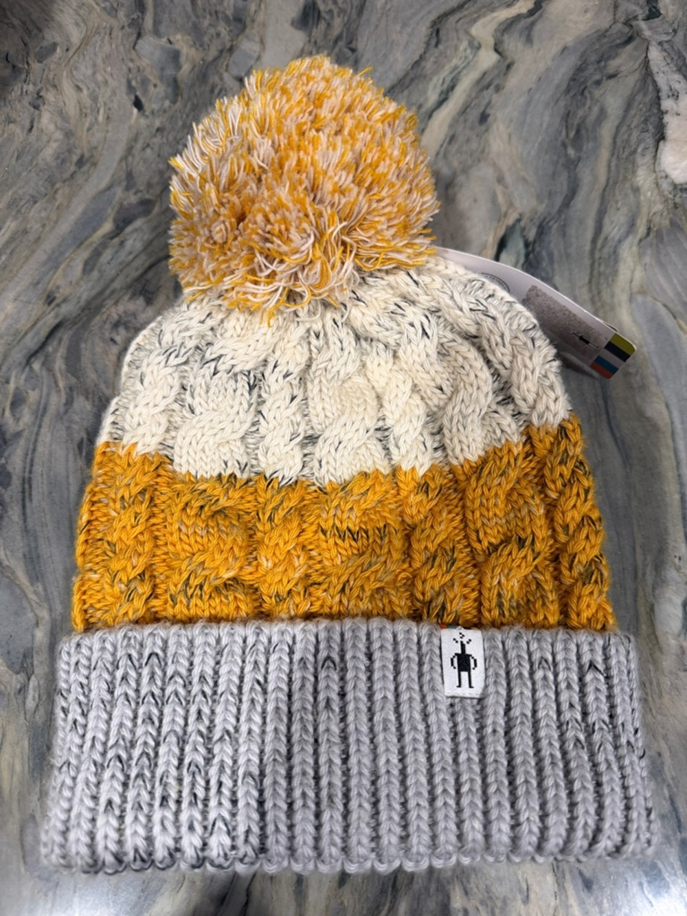 Smartwool Cable Knit Pom Beanie in Gray, Cream & Mustard